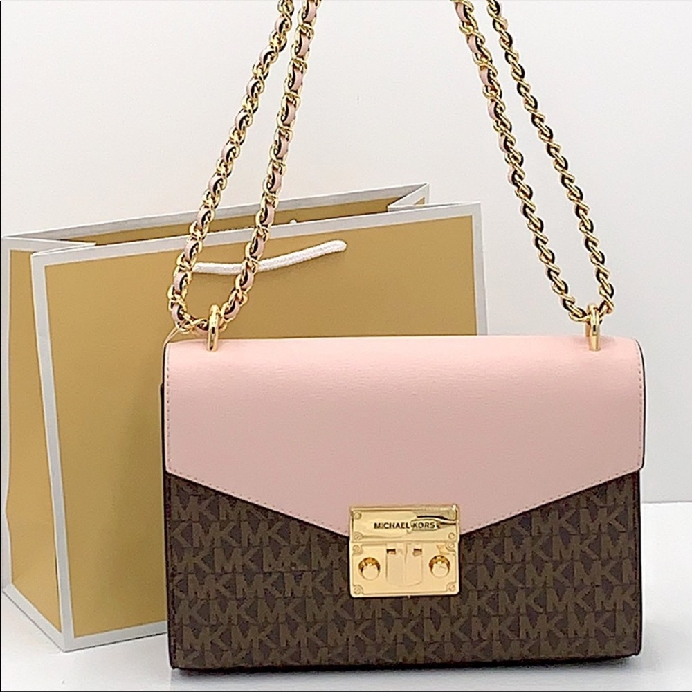 Michael Kors Rose Medium Flap Shoulder Chain Bag Powder Blush Multi and Brown